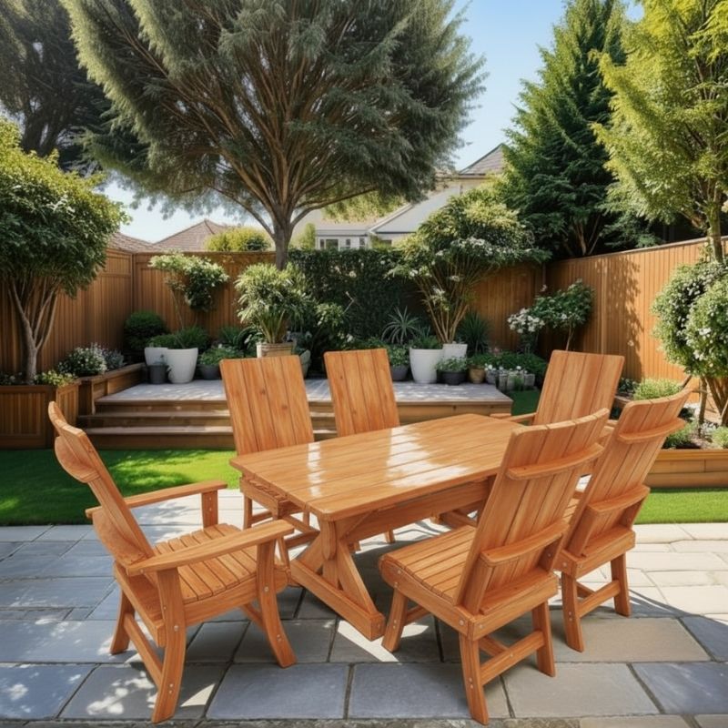 Modern Dining Set for 6 with 5' Table on a patio in a garden setting - clear cedar - caramel glossy