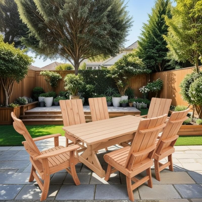 Modern Dining Set for 6 with 5' Table on a patio in a garden setting - knotted cedar - unstained