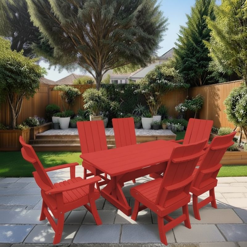 Modern Dining Set for 6 with 6' Tablein a garden setting - red- poly luxe