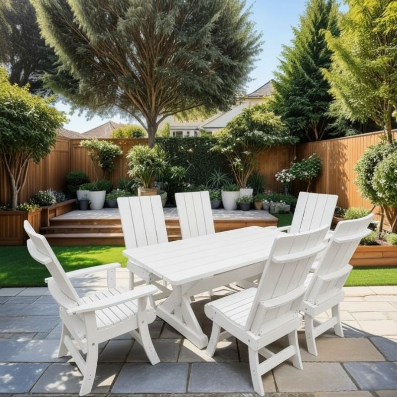 Modern Dining Set for 6 with 6' Tablein a garden setting - white - poly luxe