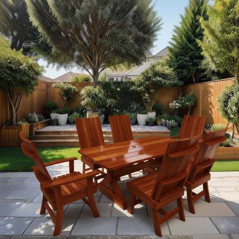 Modern Dining Set for 6 with 6' Tablein a garden setting - clear cedar - caramel glossy