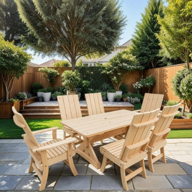 Modern Dining Set for 6 with 6' Tablein a garden setting pine unstained