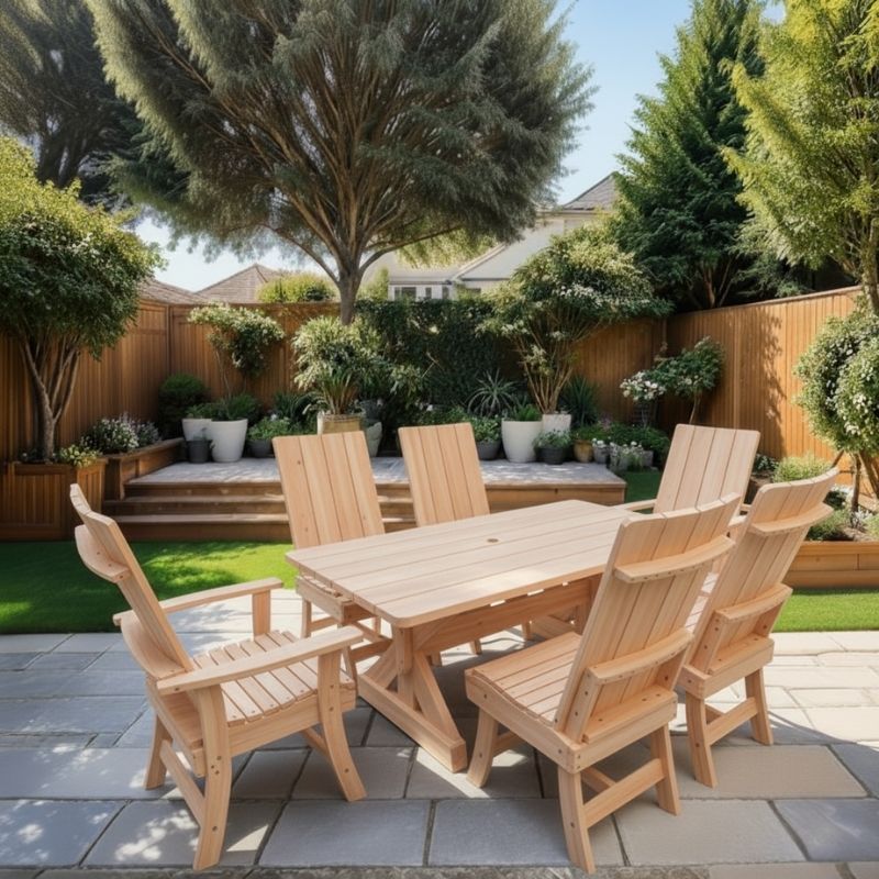 Modern Dining Set for 6 with 6' Tablein a garden setting - clear cedar -  unstained