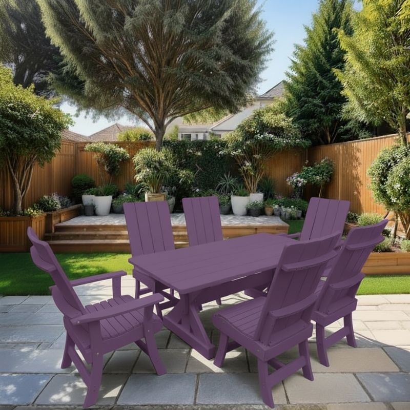 Modern Dining Set for 6 with 6' Tablein a garden setting - purple - poly luxe