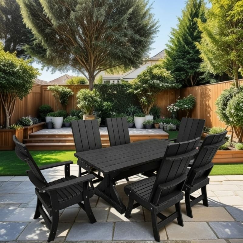 Modern Dining Set for 6 with 6' Tablein a garden setting - black - poly luxe