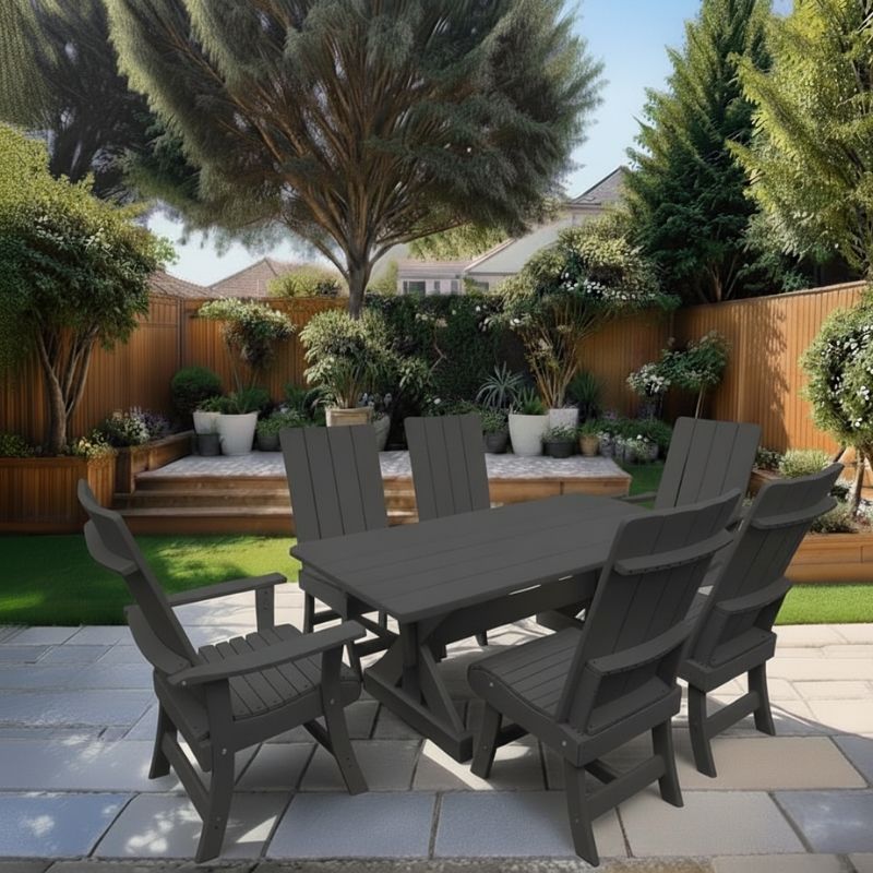 Modern Dining Set for 6 with 6' Tablein a garden setting - dark grey - poly luxe
