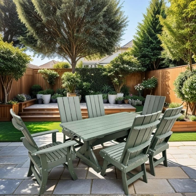 Modern Dining Set for 6 with 6' Tablein a garden setting - turf green - poly luxe