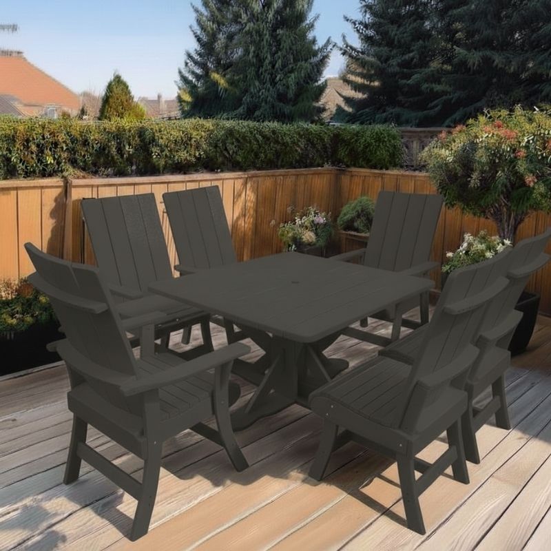 Modern Dining Set for 6 with Pedestal Table on a deck surrounded by greenery - poly luxe - dark grey