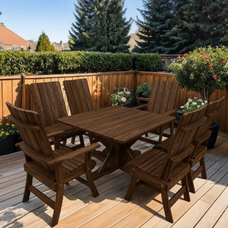 Modern Dining Set for 6 with Pedestal Table on a deck - poly luxe - woodgrain brazilian walnut