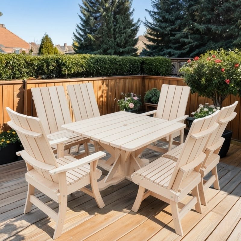 Modern Dining Set for 6 with Pedestal Table on a deck - clear cedar - unstained