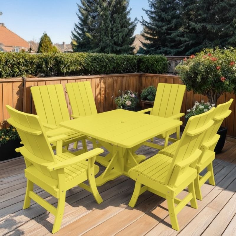Modern Dining Set for 6 with Pedestal Table on a deck surrounded by greenery - poly luxe - lemon yellow