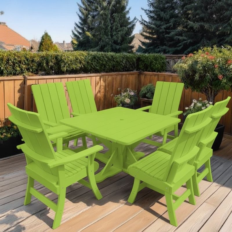 Modern Dining Set for 6 with Pedestal Table on a deck surrounded by greenery - poly luxe - lime green