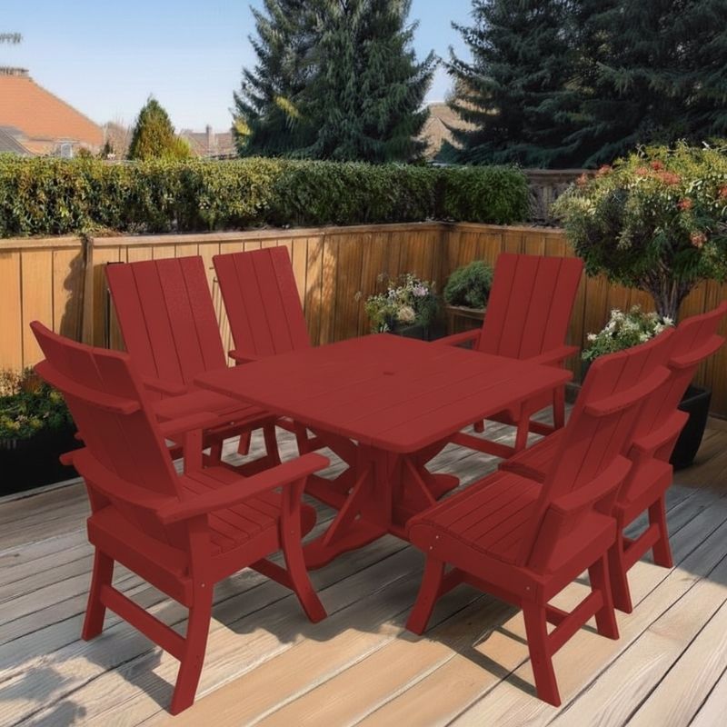 Modern Dining Set for 6 with Pedestal Table on a deck surrounded by greenery - poly luxe - red