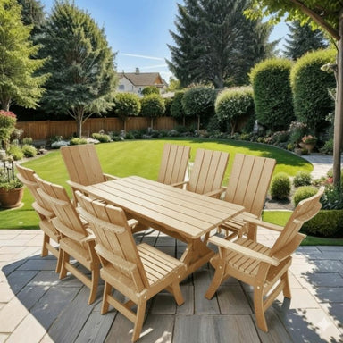 Modern Dining Set for 8 with 6' Table on a patio with a garden and house in the background