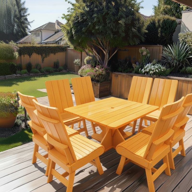 Modern Dining Set for 8 with Pedestal Table on a deck with a garden and house in the background - clear cedar - golden glossy