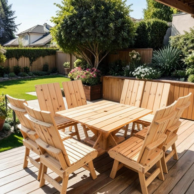 Modern Dining Set for 8 with Pedestal Tablet on a deck with a garden and house in the background