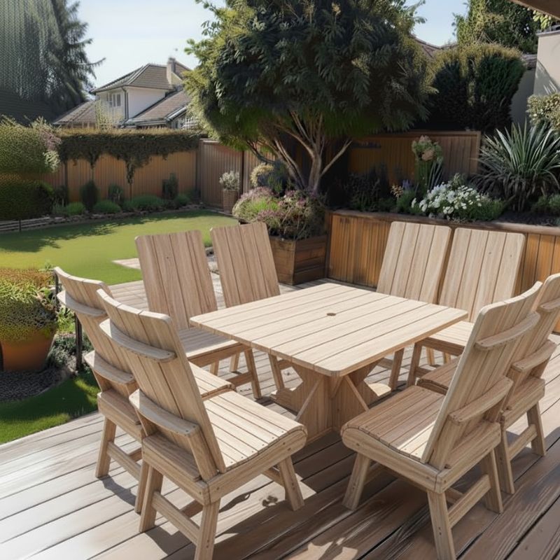 Modern Dining Set for 8 with Pedestal Table on a wooden deck in a garden setting - poly luxe - woodgrain birchwood