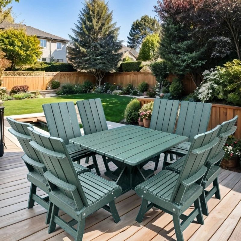 turf green outdoor dining set on a wooden deck with a garden background