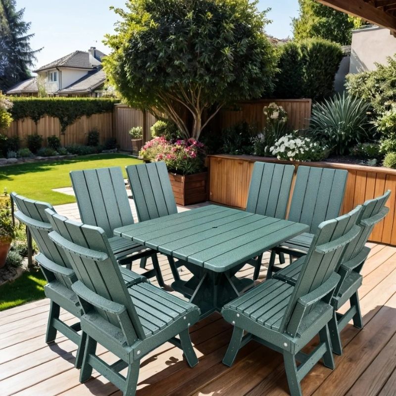 Modern Dining Set for 8 with Pedestal Table on a deck with a garden and house in the background - poly luxe - turf green