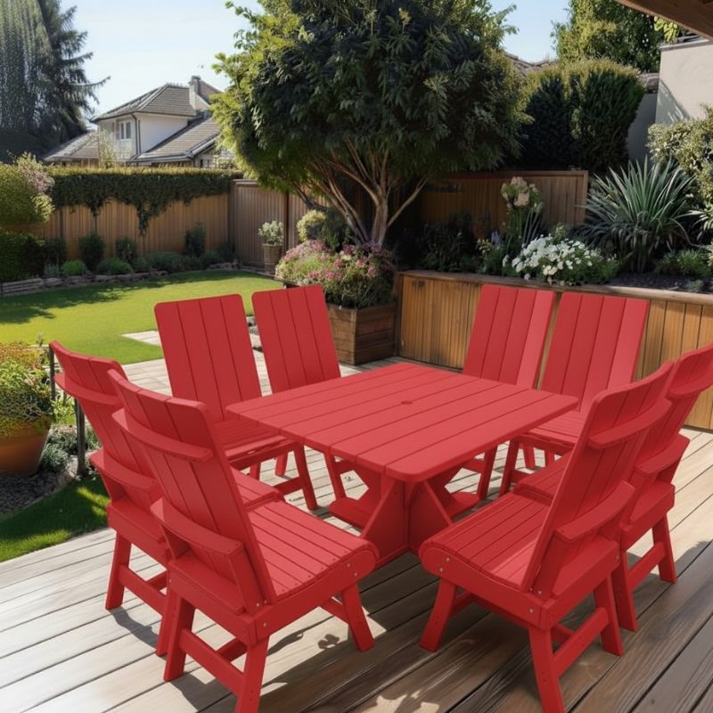Modern Dining Set for 8 with Pedestal Table on a deck with a garden and house in the background - poly luxe - red