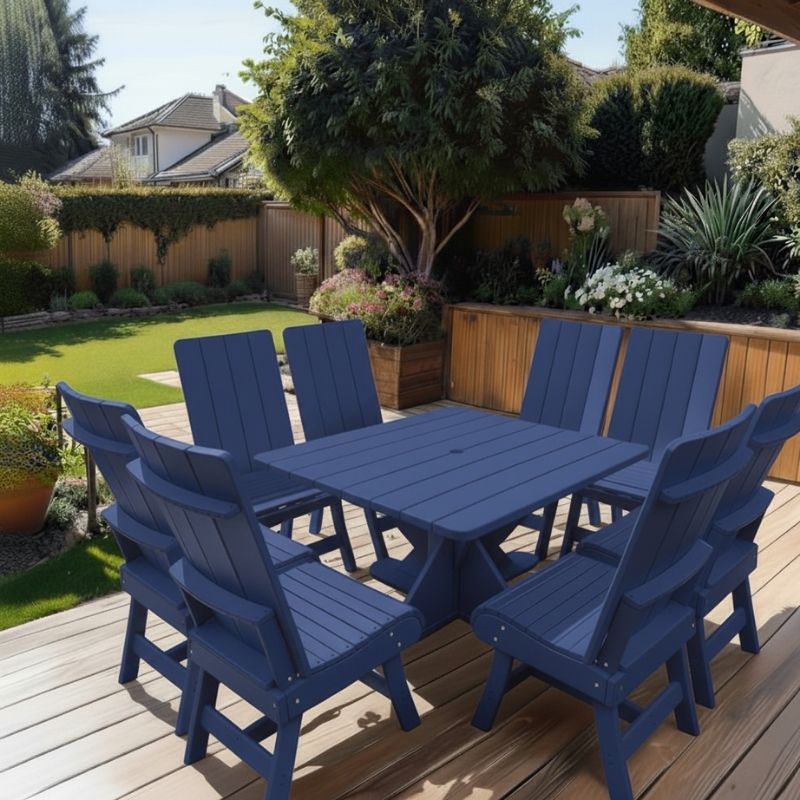 Modern Dining Set for 8 with Pedestal Table on a deck with a garden and house in the background - poly luxe - patriot blue