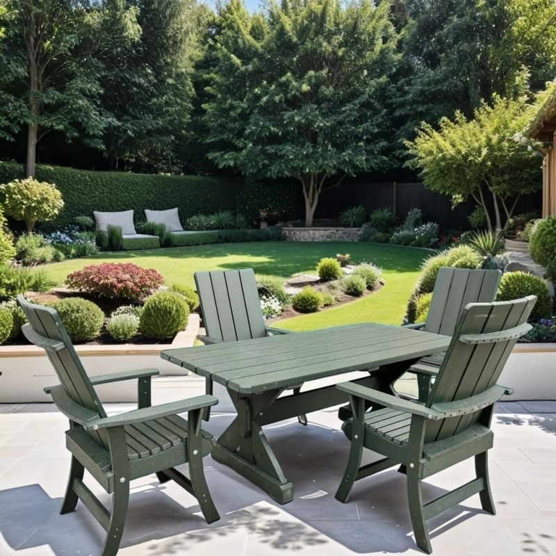Modern Dining Set for 4 with 6' Table in a garden with trees and shrubs.