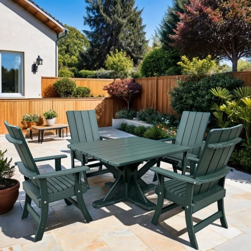 Modern Dining Set for 4 with Pedestal Table on a patio area - poly luxe - turf green