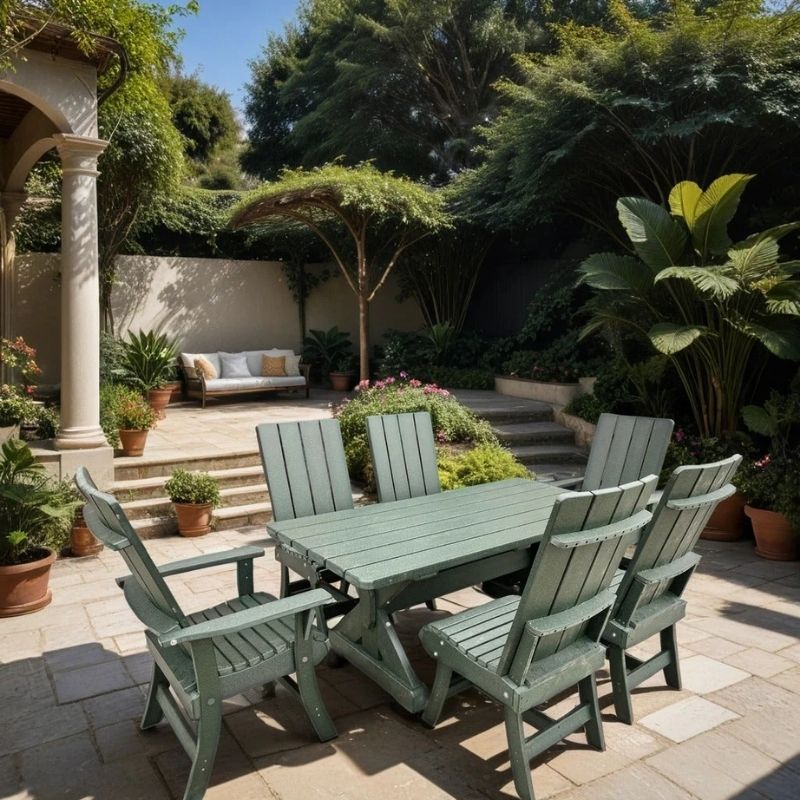 Modern Dining Set for 6 with 5' Table surrounded by plants and a white wall.