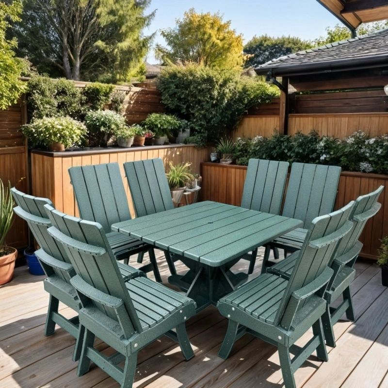 turf green outdoor dining set with table and chairs on a wooden deck, surrounded by plants and a wooden fence.