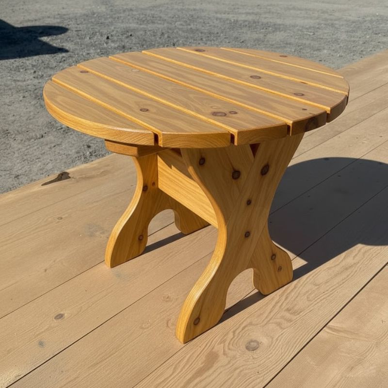 Round Side Table on a wooden deck with a concrete background - knotted cedar - golden glossy
