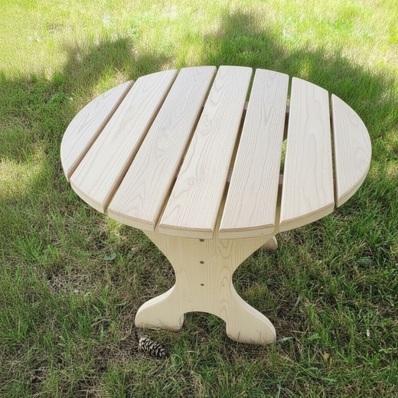Round Side Table with slatted design on a grassy background - poly luxe - woodgrain birchwood