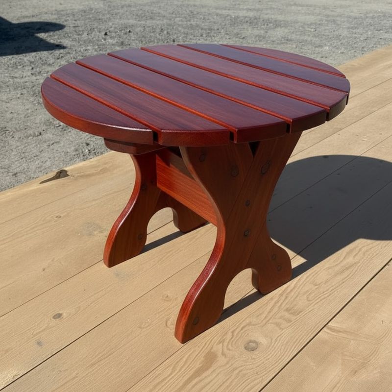 Round Side Table on a wooden deck with a concrete background - knotted cedar - mahogany glossy