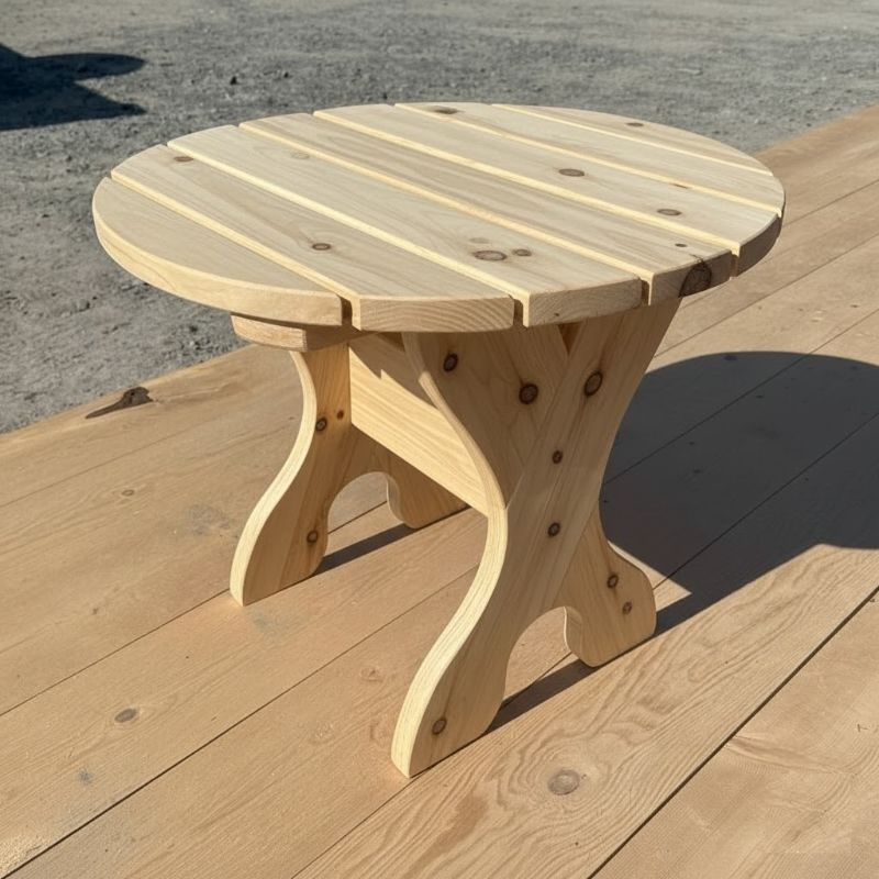 Round Side Table on a wooden deck with a concrete background - knotted cedar - unstained