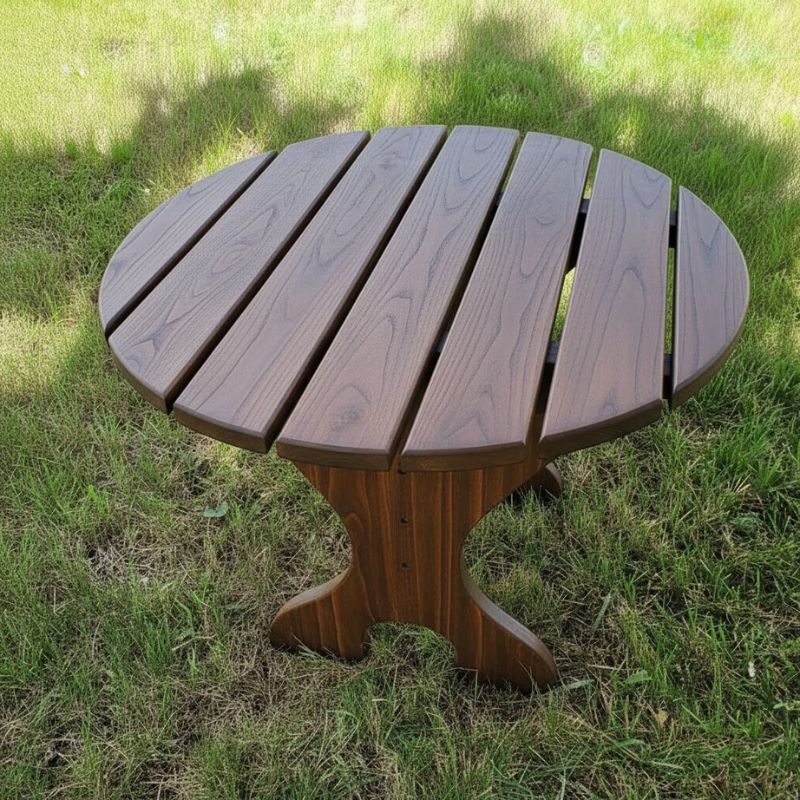 Round Side Table with slatted design on a grassy background - poly luxe - woodgrain brazilian walnut