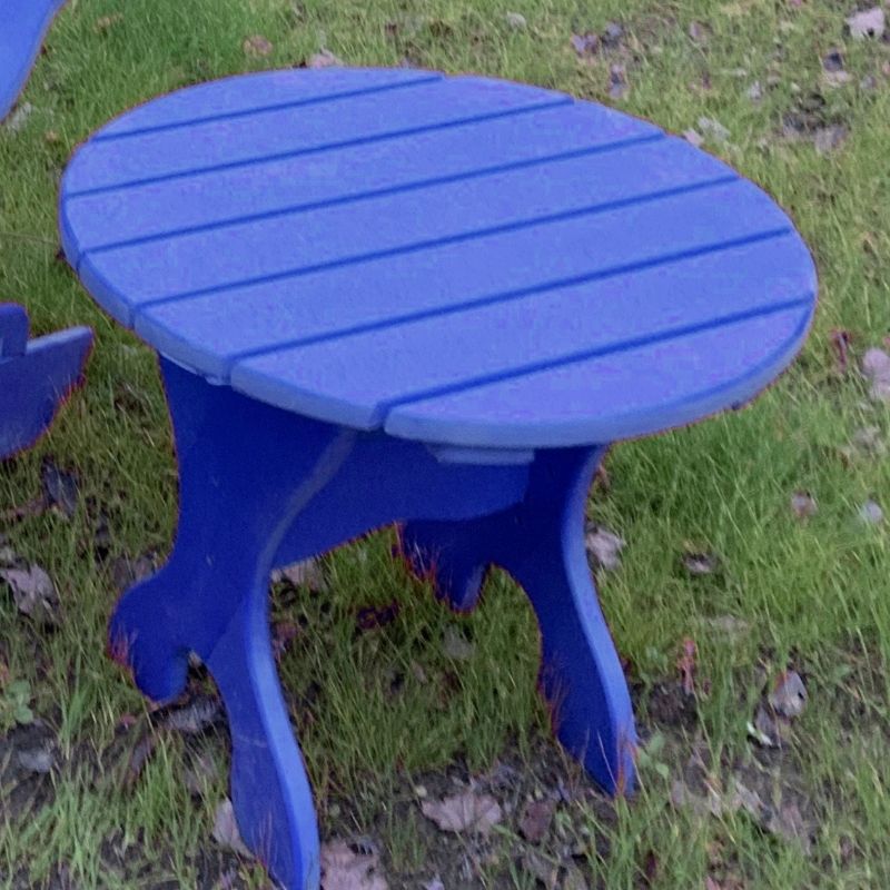 Round Side Table with slatted design on a grassy background - poly luxe - blue