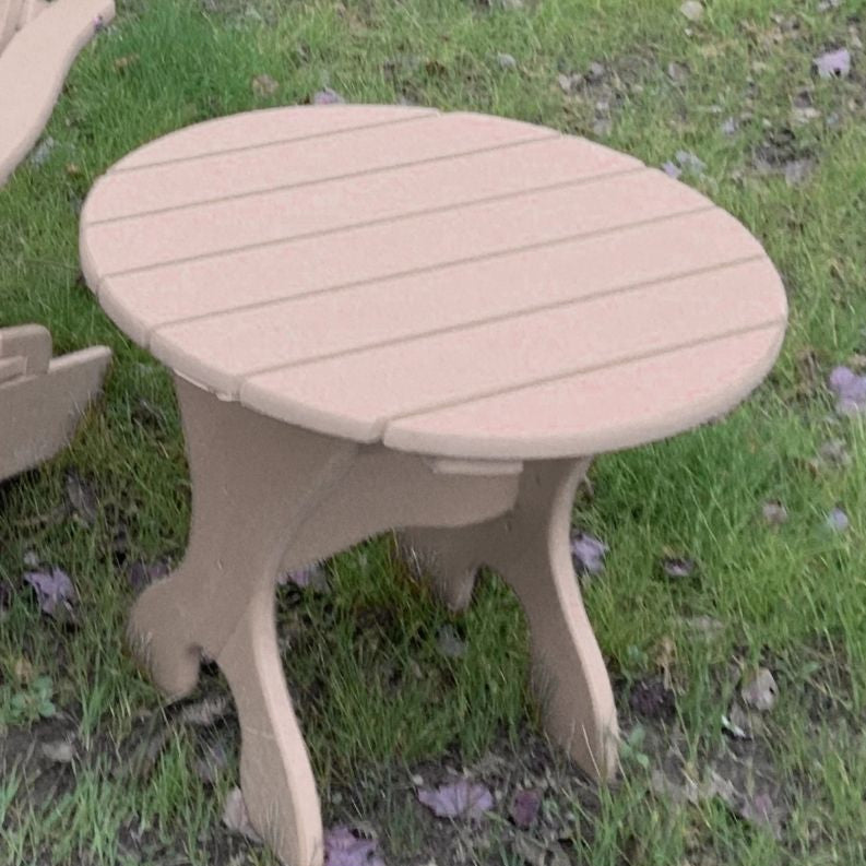 Round Side Table with slatted design on a grassy background - poly luxe - woodgrain birchwood