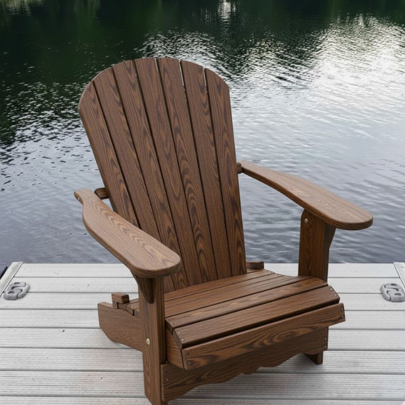 Royal Adirondack Chair (Large) on a dock by a body of water - poly luxe - woodgrain brazilian walnut