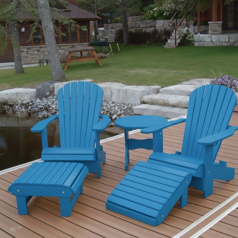Royal Complete Patio Set on a wooden deck by a pond with a cabin in the background - poly luxe - blue