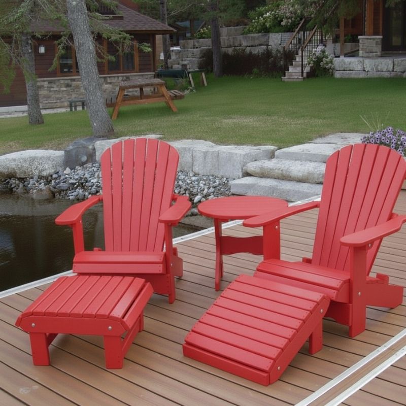 Royal Complete Patio Set on a wooden deck by a pond with a cabin in the background - poly luxe - red