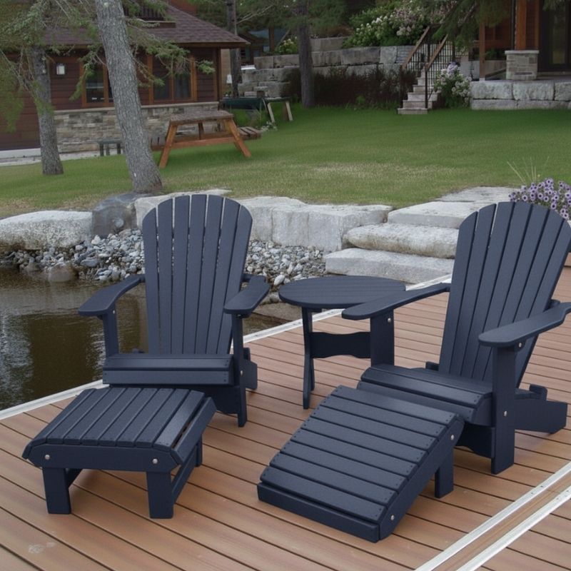 Royal Complete Patio Set on a wooden deck by a pond with a cabin in the background - poly luxe - patriot blue