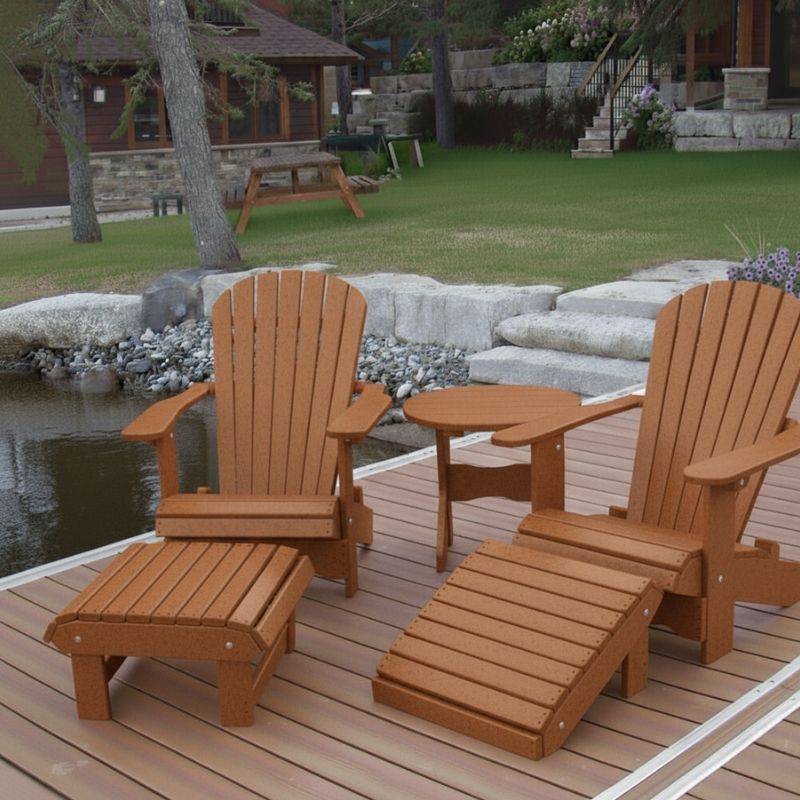 Royal Complete Patio Set on a wooden deck by a pond with a cabin in the background - poly luxe - cedar