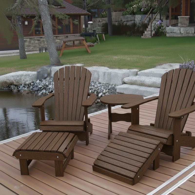 Royal Complete Patio Set on a wooden deck by a pond with a cabin in the background - poly luxe - woodgrain brazilian walnut