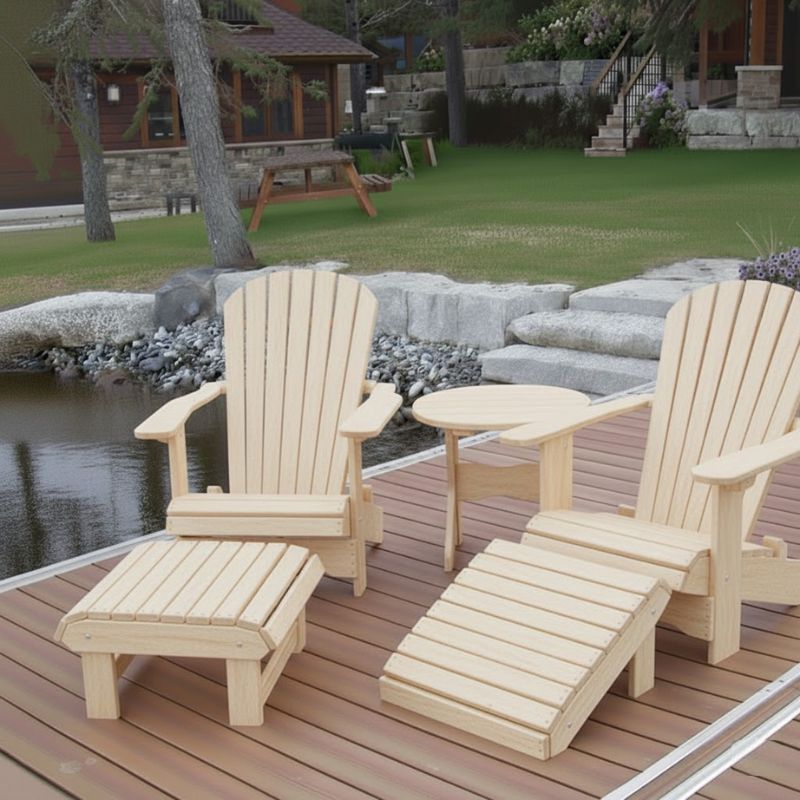 Royal Complete Patio Set on a wooden deck by a pond with a cabin in the background - poly luxe - woodgrain birchwood