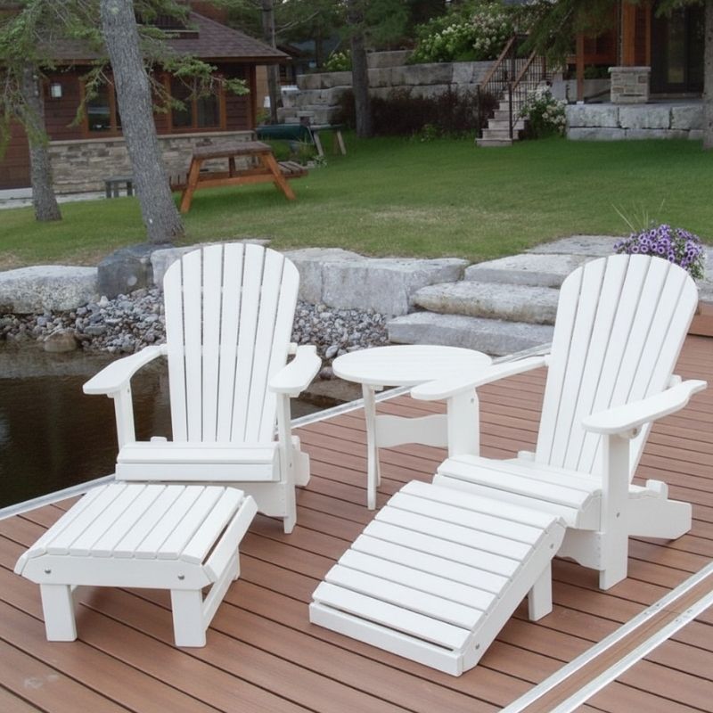 Royal Complete Patio Set on a wooden deck by a pond with a cabin in the background - poly luxe - white
