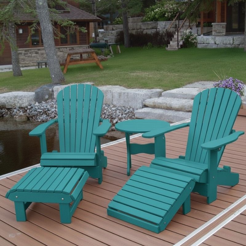 Royal Complete Patio Set on a wooden deck by a pond with a cabin in the background - poly luxe - aruba blue