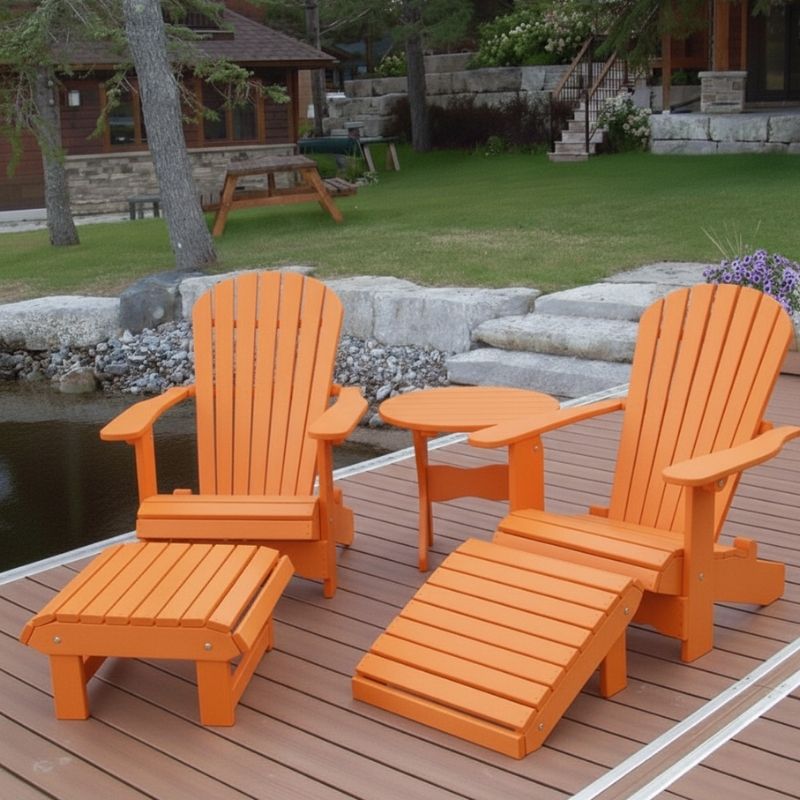 Royal Complete Patio Set on a wooden deck by a pond with a cabin in the background - poly luxe - orange