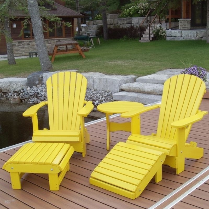 Royal Complete Patio Set on a wooden deck by a pond with a cabin in the background - poly luxe - lemon yellow