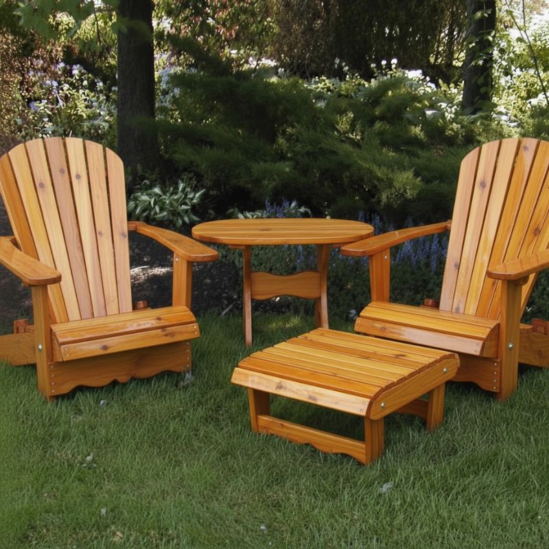 Royal Patio Set on grass with trees in the background - knotted cedar - olden glossy
