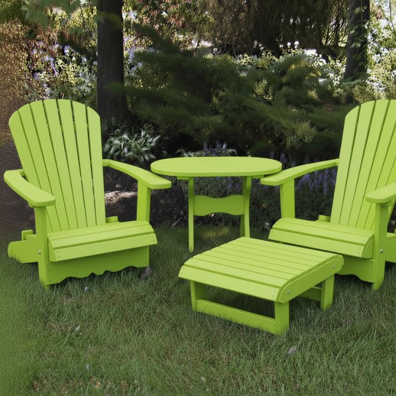 Lime green Royal Patio Set set on grass with a tree and water in the background
