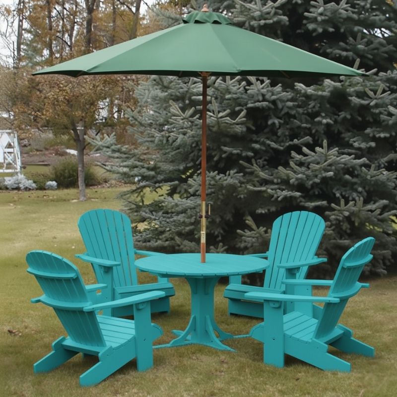 Aruba blue Royal Picnic Set for 4 with a green umbrella in a garden setting.
